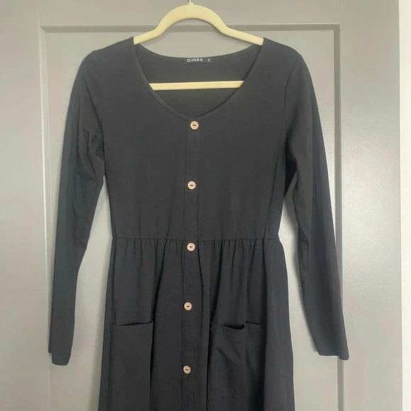 Ouges Womens Stretch Round Neck Long Sleeve Button Front Dress Black Medium - Picture 4 of 9